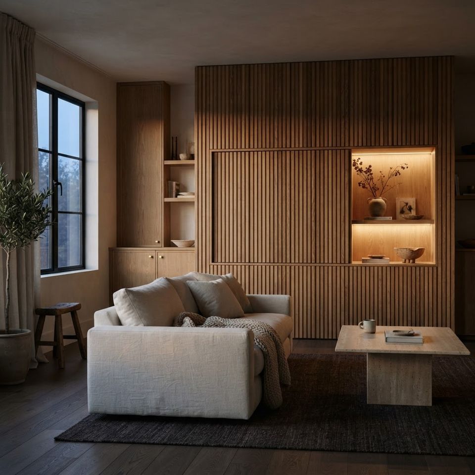 Imagem conceitual: painel de sala em ripas de madeira com nicho iluminado